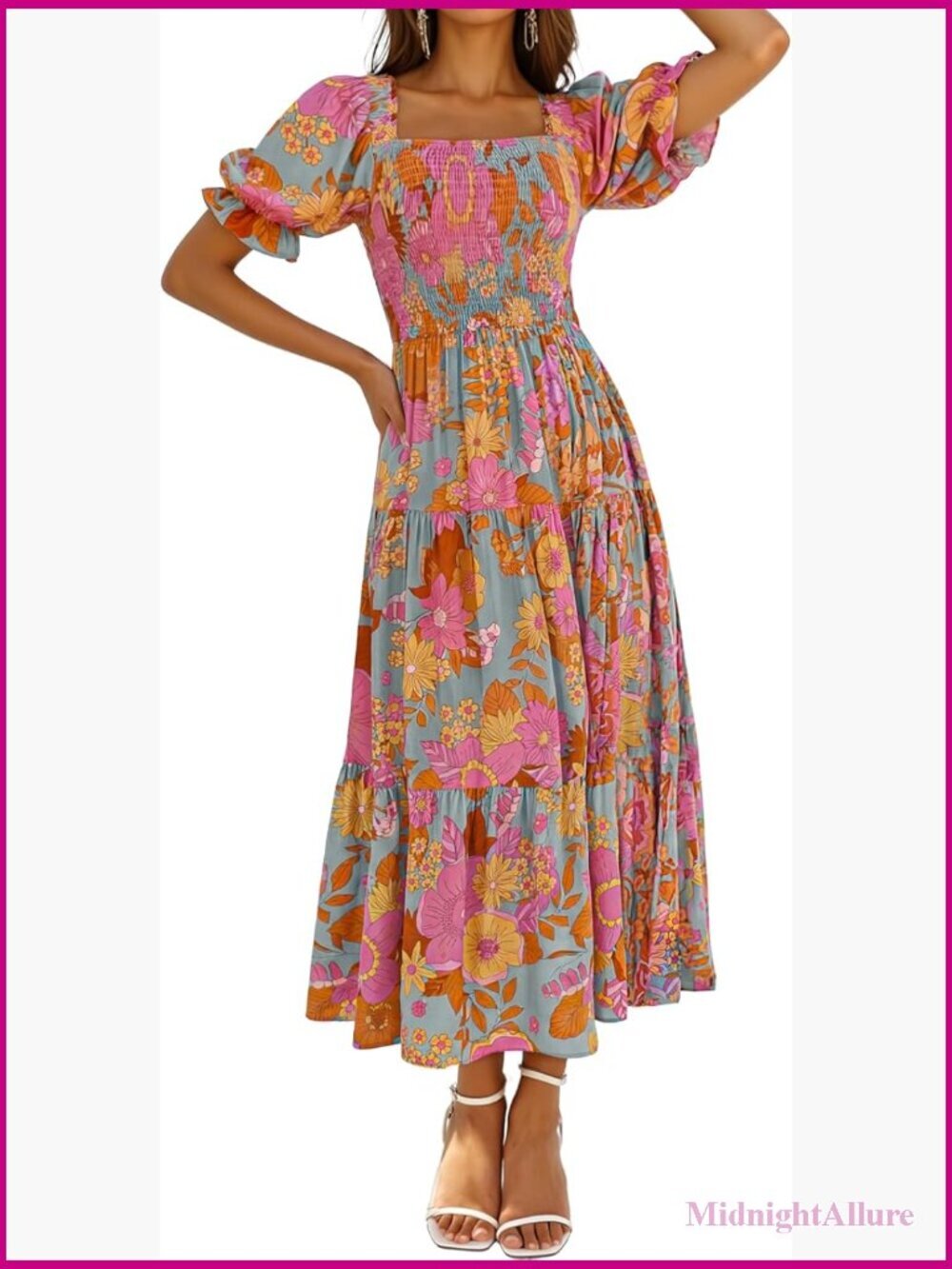 Boho Floral Print Square Neck Ruffle Swing Maxi Dress